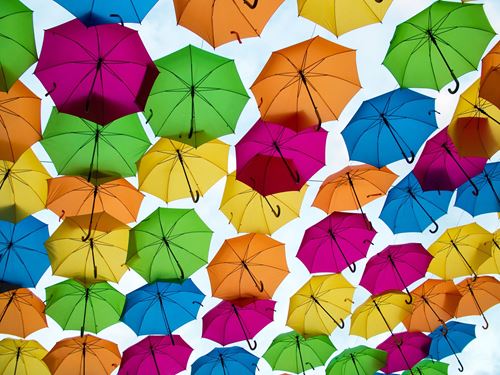 Dutzende bunte Regenschirme sind an Leinen über der Stadt aufgespannt